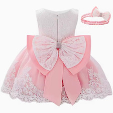Girls Pink White Lace Formal Flower Girl Dress w/ Large Bow Headband, S