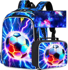3Pcs Soccer Backpack for Boys, 17" Lightning Kids Bookbag with Lunch Box, Lightw