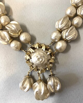 S92 Vintage necklace, double row, pendant, gold tone, pearls, Miriam Haskell