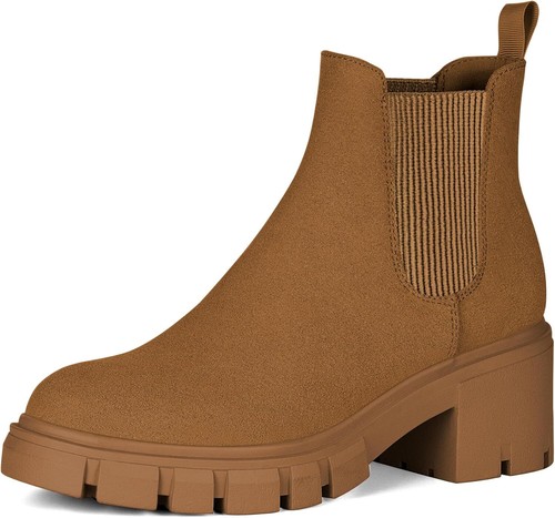 Athlefit Women's Chelsea Boots Fashion Lug Sole Chunky Heel Slip on Elastic US - Picture 55 of 66
