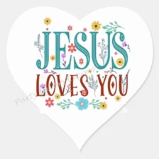 JESUS LOVES YOU ENVELOPE SEALS LABELS STICKERS PARTY FAVORS - (Heart Shaped)