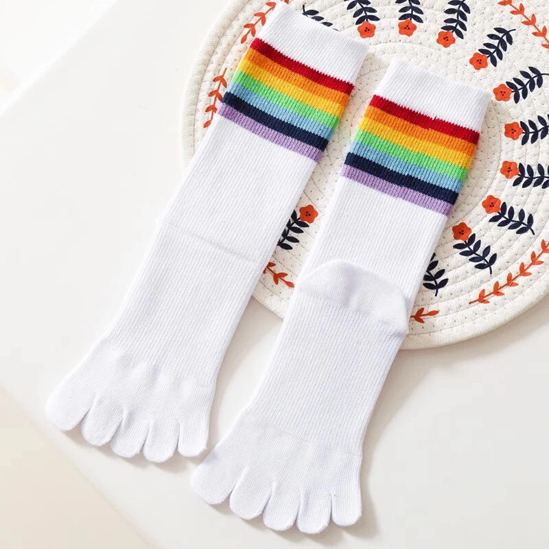 2 Pairs Women Girls Cotton Blend Thick Five Finger Toe Socks Rainbow Stripe Cute - Image 4 of 4