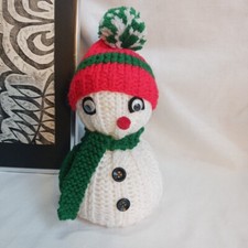 VTG Hand KNIT Snowman CHRISTMAS Holiday Decoration Hat Scarf Google Eyes 1960s