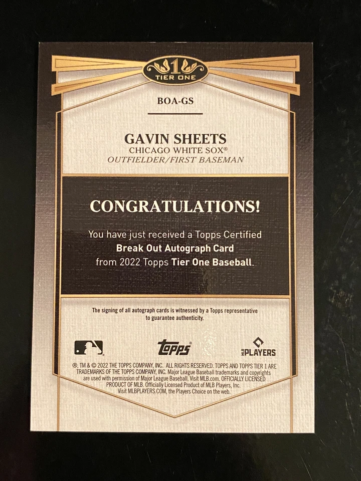 2022 Topps Tier One Gavin Sheets Break Out Rookie RC Auto Autograph #/299 - Image 2 of 2