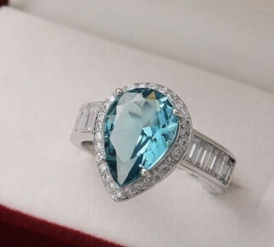 Pear Cut Simulated Blue Topaz Stunning Teardrop Band Ring 14K White Gold Plated