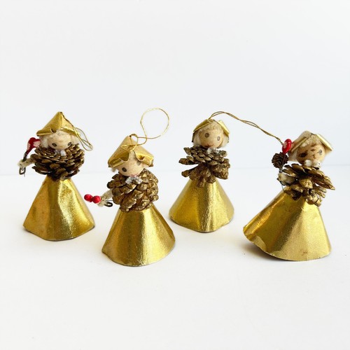 4 Vintage Holt Howard Gold Pinecone Angel Cardboard Christmas Ornaments 3.5”