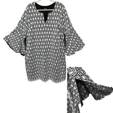 Roz & Ali Midi Dress 3X Black White Crochet Overlay Flounce Sleeves Feminine