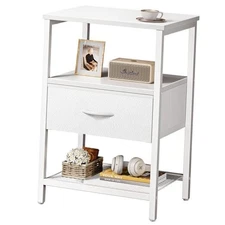  Night Stand with Fabric Drawer, Side Table with Mesh Shelf, Bedroom 1 White