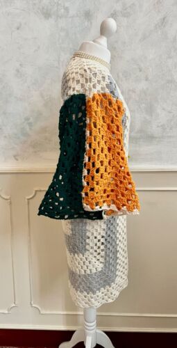 Hand Knitted White Multi Long Crochet Wool Patchwork Kimono Cardigan 10/12 - Picture 3 of 9