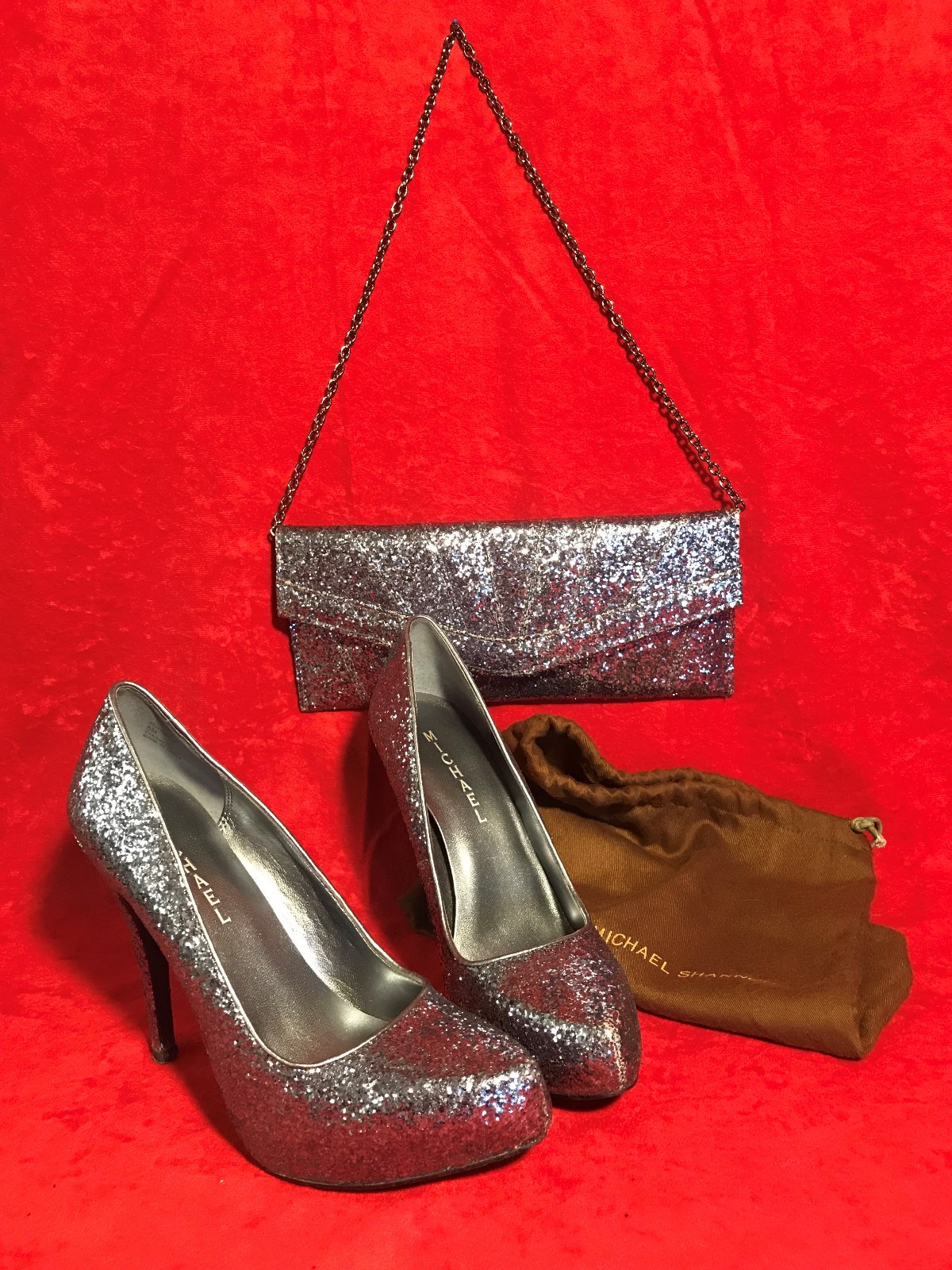 MICHAEL SHANNON GLITTER PEWTER color HEELS STILETTO PUMPS SHOES PROM SZ 8M