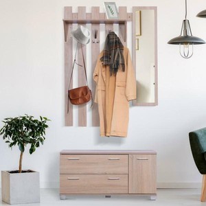 Oak Hallway Coat Rack Mirror Entryway Organizer Shoe Cabinet