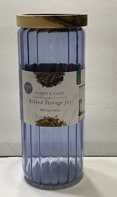 NEW CORE KITCHEN Ribbed Glass Canister 50.7 Oz Acacia Wood Storage Jar 9  Blue