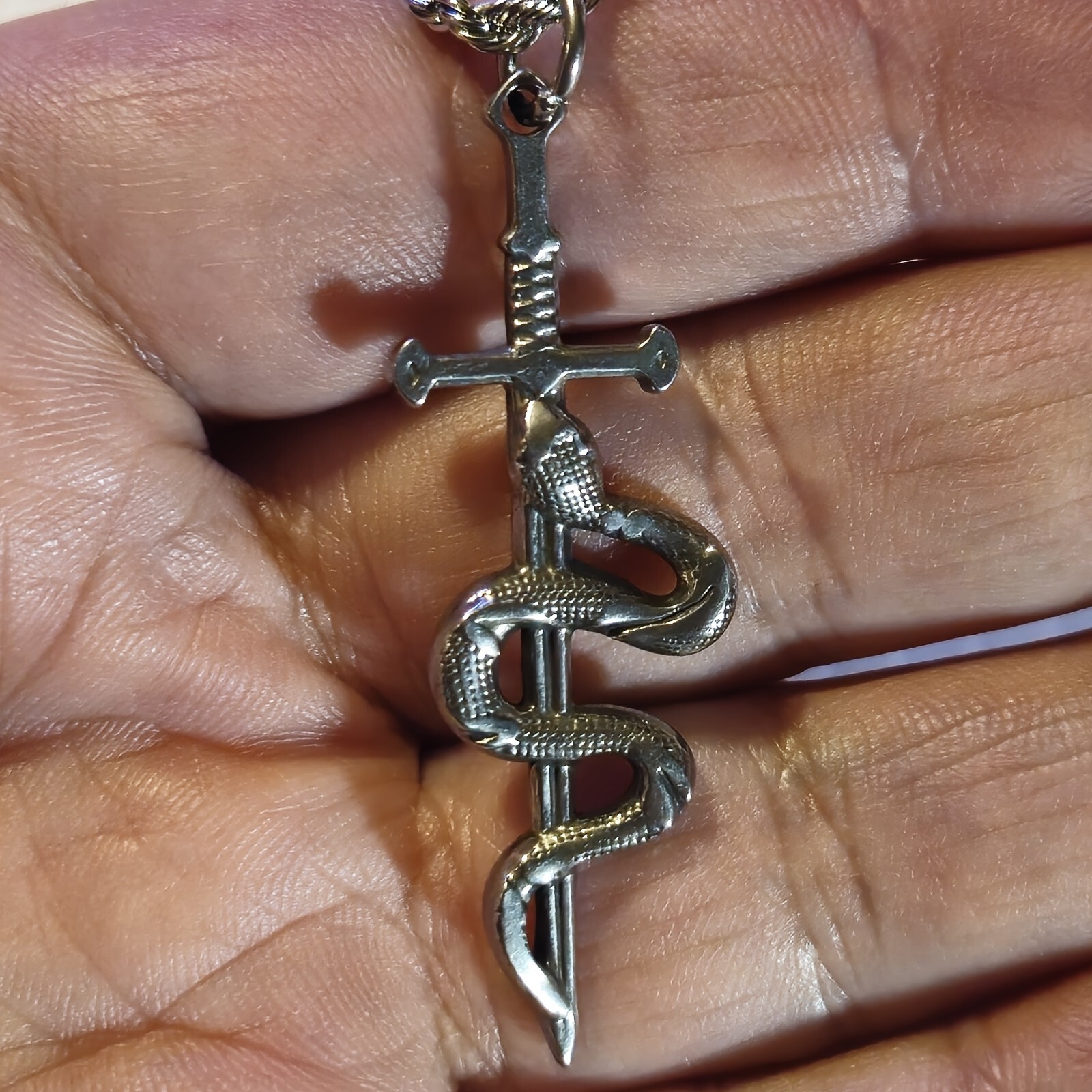 STAINLESS STEEL SWORD & SNAKE Pendant Charm / 18"-24" CHAIN 3MM NECKLACE