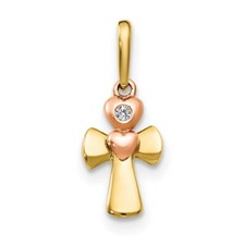 Real 14kt Yellow and Rose Gold CZ Children's Cross Heart Pendant