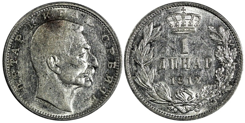 Serbia  Peter I (1903-1918) Silver 1912 1 Dinar aUNC KM# 25.1 (19 384)