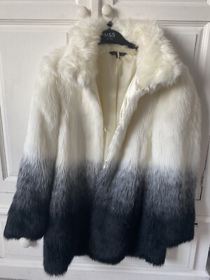 M&S NEW FAUX FUR LADIES EVENING COAT OMBRÉ SIZE 10 MARKS ABD SPENCER WHITE BLACK