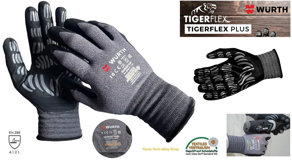 WÜRTH Schutzhandschuh Nitril TIGERFLEX® PLUS Größe-8M, 9L, 10XL Nitrilschaum