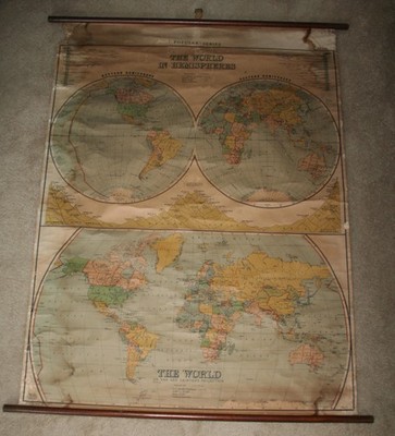 Vintage 1941 Roll-Up Wall Map Of The World In Hemispheres  (55'' x44'')
