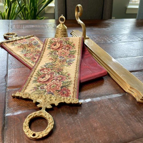 Vtg Floral Needlepoint Tapestry Butler Pull - Brass Monastery Bell & Wall Mount - Picture 12 of 20