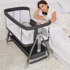 Jixrolyn Bedside Bassinet for Newborn with Wheels Storage Basket Mattress Black
