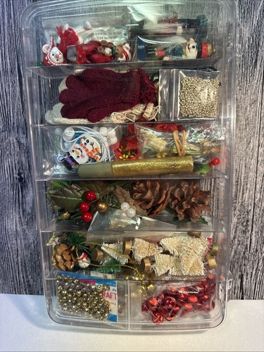 Plastic Case Of Christmas Craft Items- Beads, Charms, Plastic People - Free Ship