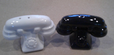Vintage Retro Rotary White & Black Ceramic Telephone Salt & Pepper Shakers A-4