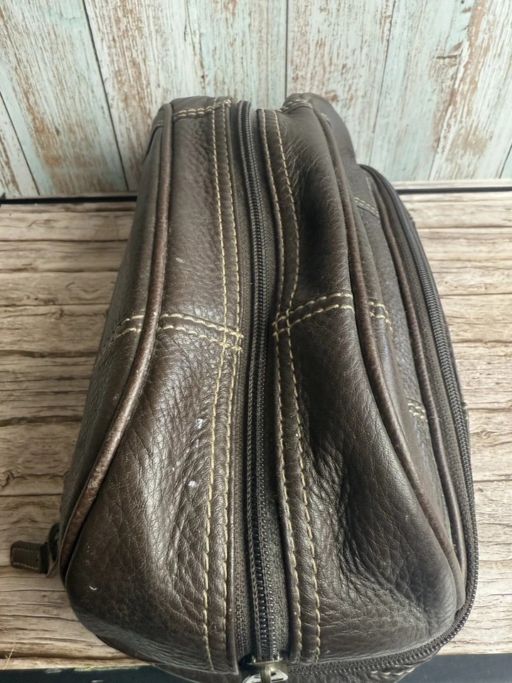 Vintage Men Fossil Brown Leather Shaving Toilet Toiletry Travel Bag Zip Case - image 3 of 4