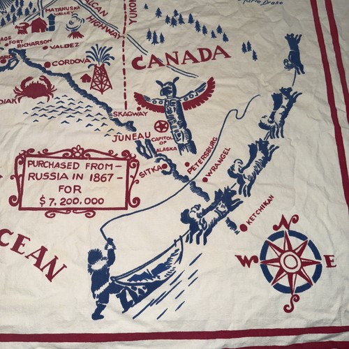 Mapa de lino de Alaska bufanda mantel colgante de pared recuerdo vintage años 50 48x50 - Imagen 2 de 7