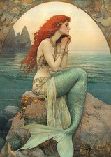 Art Nouveau Mermaid Art Print Vintage Ocean Fantasy Red Hair Sea Flowers AF64