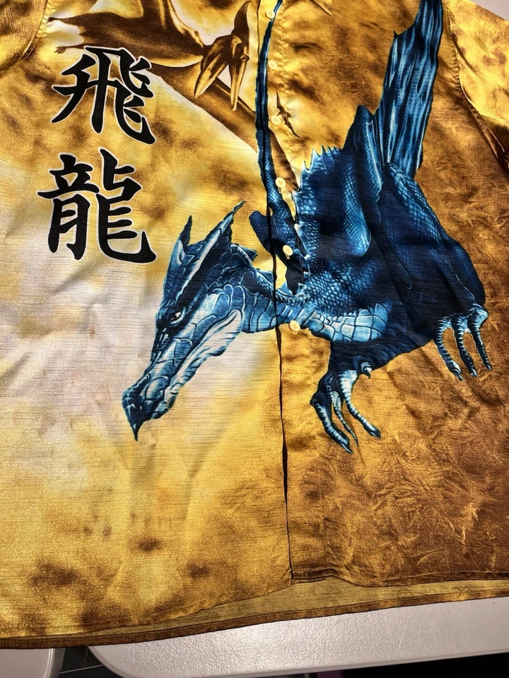 Trust Shirt Men’s XL Gold Shiny Dragon Dinosaur Asian Y2K AOP Button Up VTG - Image 4 of 4