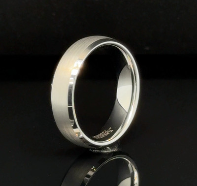 Silver 6mm Tungsten Band Featuring Brushed Finish and Polished Edge Detail Ring