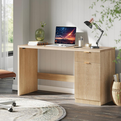 Fluted Executive Desk with Drawers, 60'' Modern Home Office Desk with Storage Cab