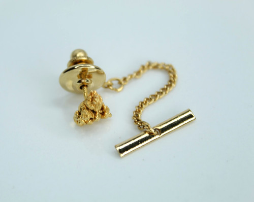 Vintage Gold‑Tone Nugget Tie Tack – Textured Nugget Design – Chain & Anchor Bar