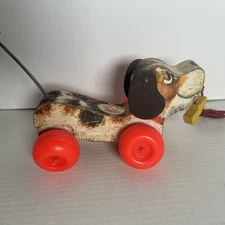 Vintage 1965 Fisher-Price Little Snoopy dog pull toy #693, wood w leather ears