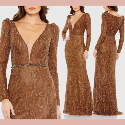 MAC DUGGAL 11159 NWT Brown Embellished Long Sleeve Plunge Trumpet Gown $898.00