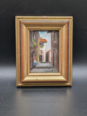 Original Miniature Oil Painting Signed Framed Rome Italian Street View Vtg 5x6