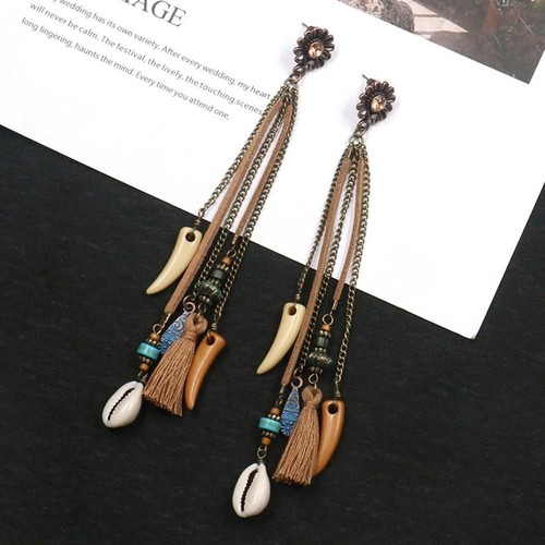 Bohemian Shell pendant Earrings - Vintage Long Tassel Fringe Boho Dangle Earring - Picture 5 of 21