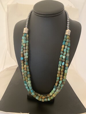 Green Turquoise Navajo Pearls Sterling Silver Native American Necklace 00611