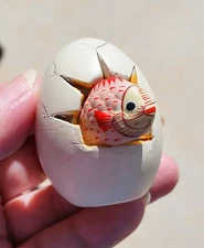 Hand-Made Mexico Ceramic Hatching Egg Sculpture Cute Pink Red Fish Baby, SMALL