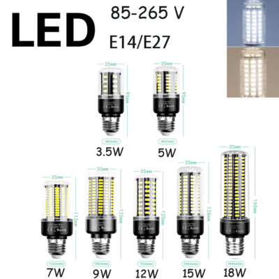 LED Corn Light Bulb E14 E27 Screw Ultra Base Bright White Lamp 3.5W ~18W - Black