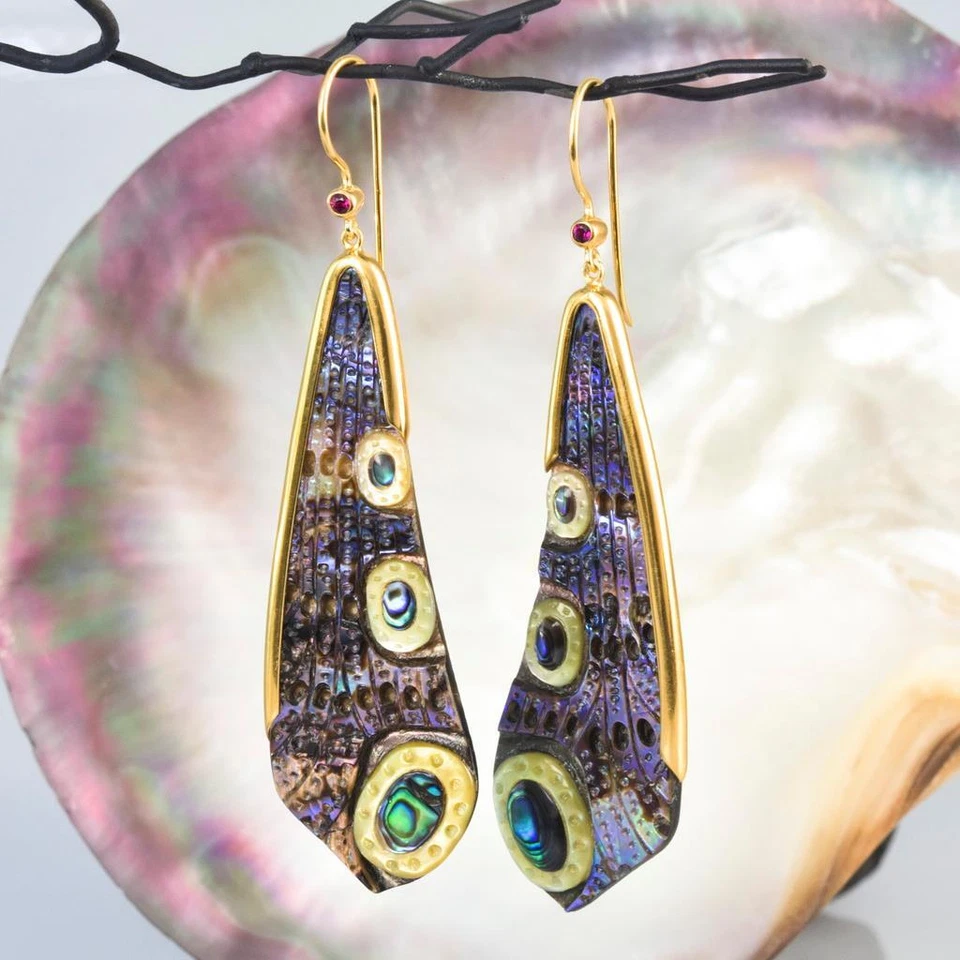 Pendientes Ala Libélula Abulón Talla Oro Vermeil Esterlina y Rubí 11.18 g Foto 4 de 4