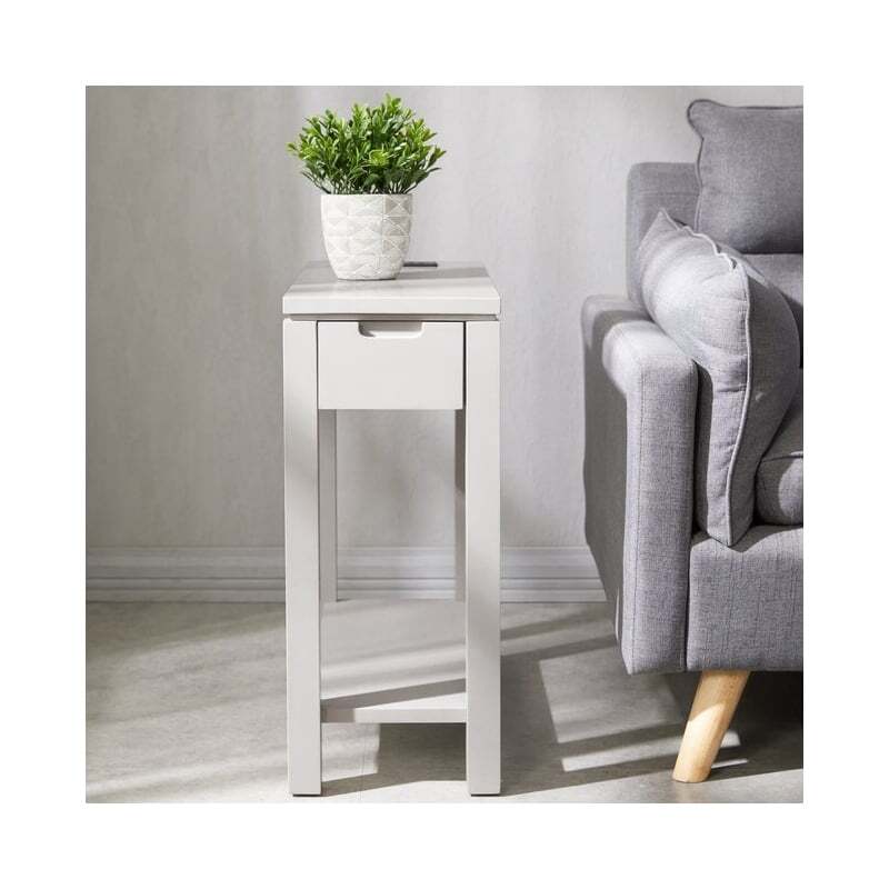 Pemberly Row Solid Wood End Table with Drawer and AC/USB Outlet in Gray