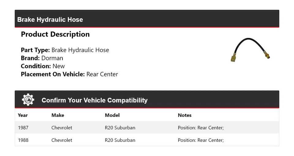 适用于 1987 - 1988 雪佛兰 R20 Suburban Dorman 制动液压软管后中心 — 第 2/4 张图片