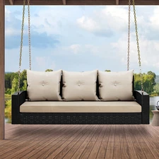3-Seats Hanging Porch Swing Chair Wicker Lounge Rattan Patio Swing w/Cushions