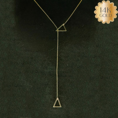 14k Solid Gold Triangle Shape Lariat Necklace-Gifts For Women