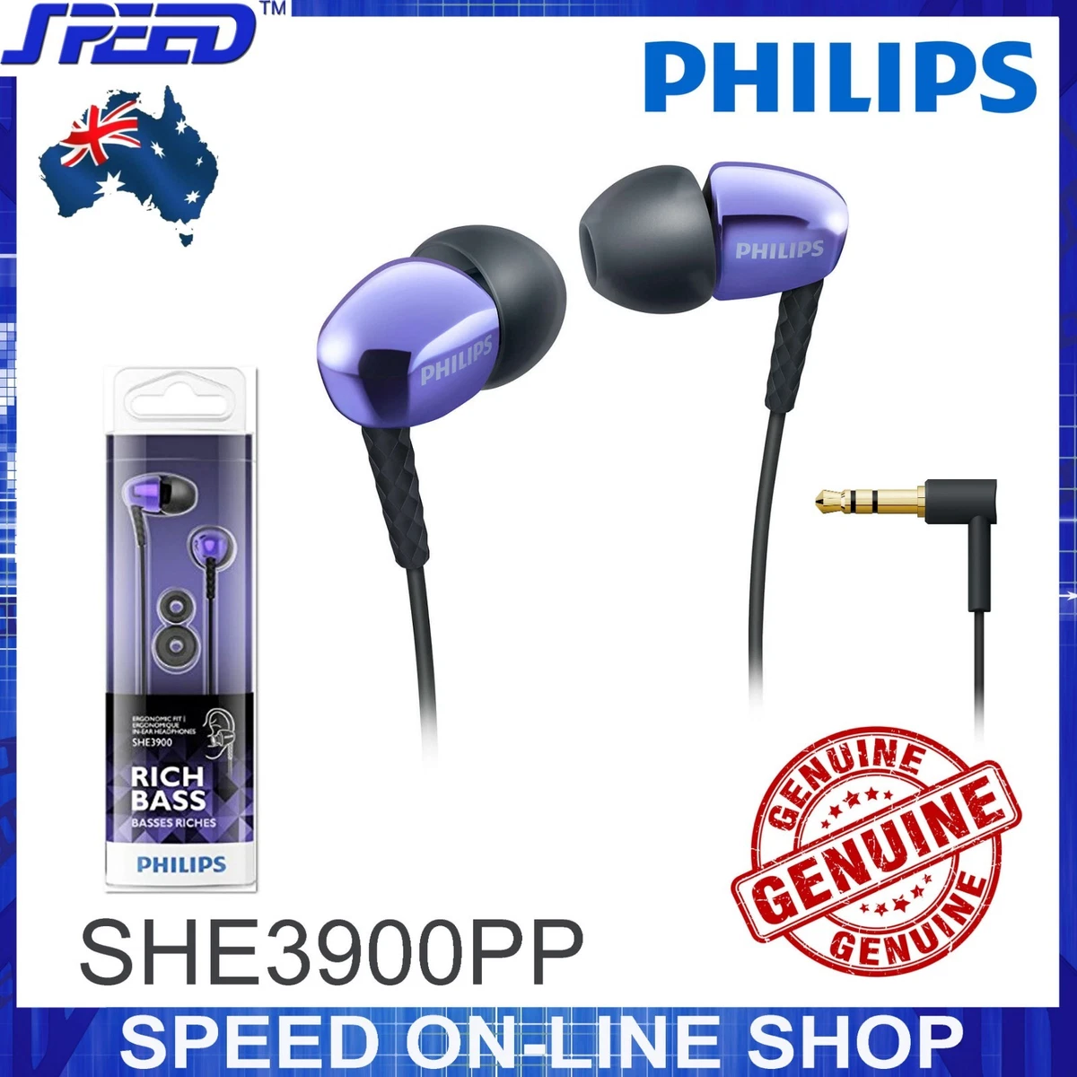 PHILIPS SHE3900PP Headphones Earphones Earbuds Rich Bass