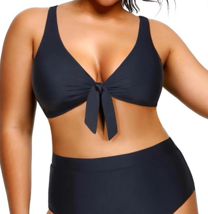 NWT~ Yonique sz 14W Black Plus Bikini Top Tie Knot front , Crisscross Strap