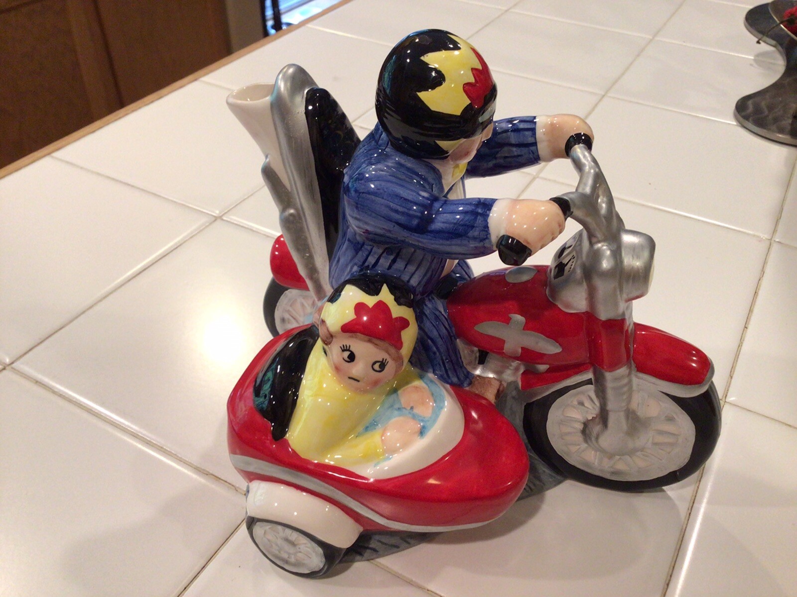 Vintage Lotus 1995 Harley Motorcycle With Side Car Teapot Hand Painted