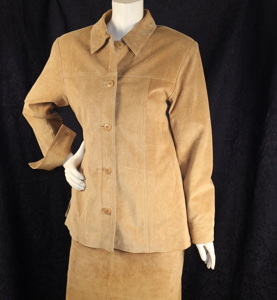 ATELIER Brandon Thomas Beige Solid Genuine Suede Women Maxi Skirt Suit Size M 8 - Image 2 of 4