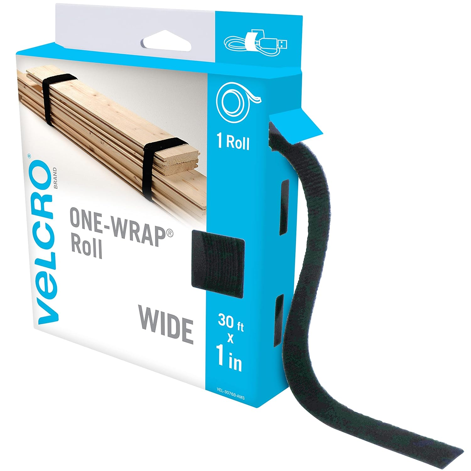 VEL-30768-AMS 1in x 30ft Wide Reusable Self-Gripping Straps Roll Cut to Length